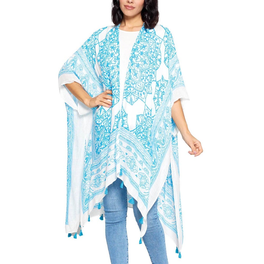 Boho Floral Mandala Tassels Kimono Wrap Sky Blue White